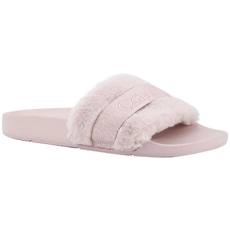 Calvin Klein Womens Anzen Faux Fur Logo Slide Sandals