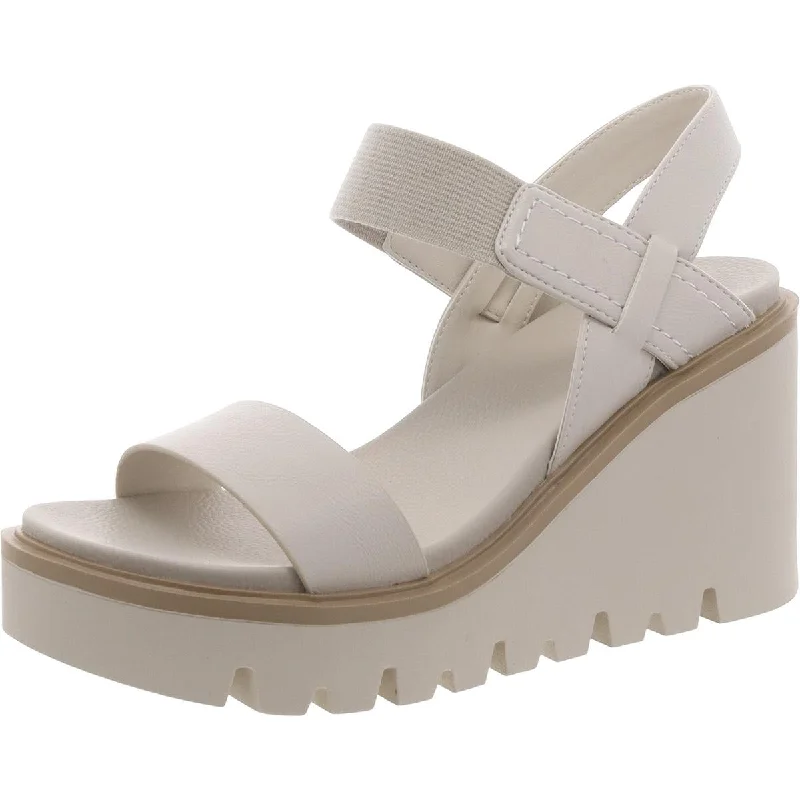 Mia Womens Elamul Faux Leather Stretch Wedge Sandals